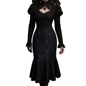 Vintage Gunne Sax Jessica McClintock Black Blue Lace Tiered‎ Back Pencil Skirt